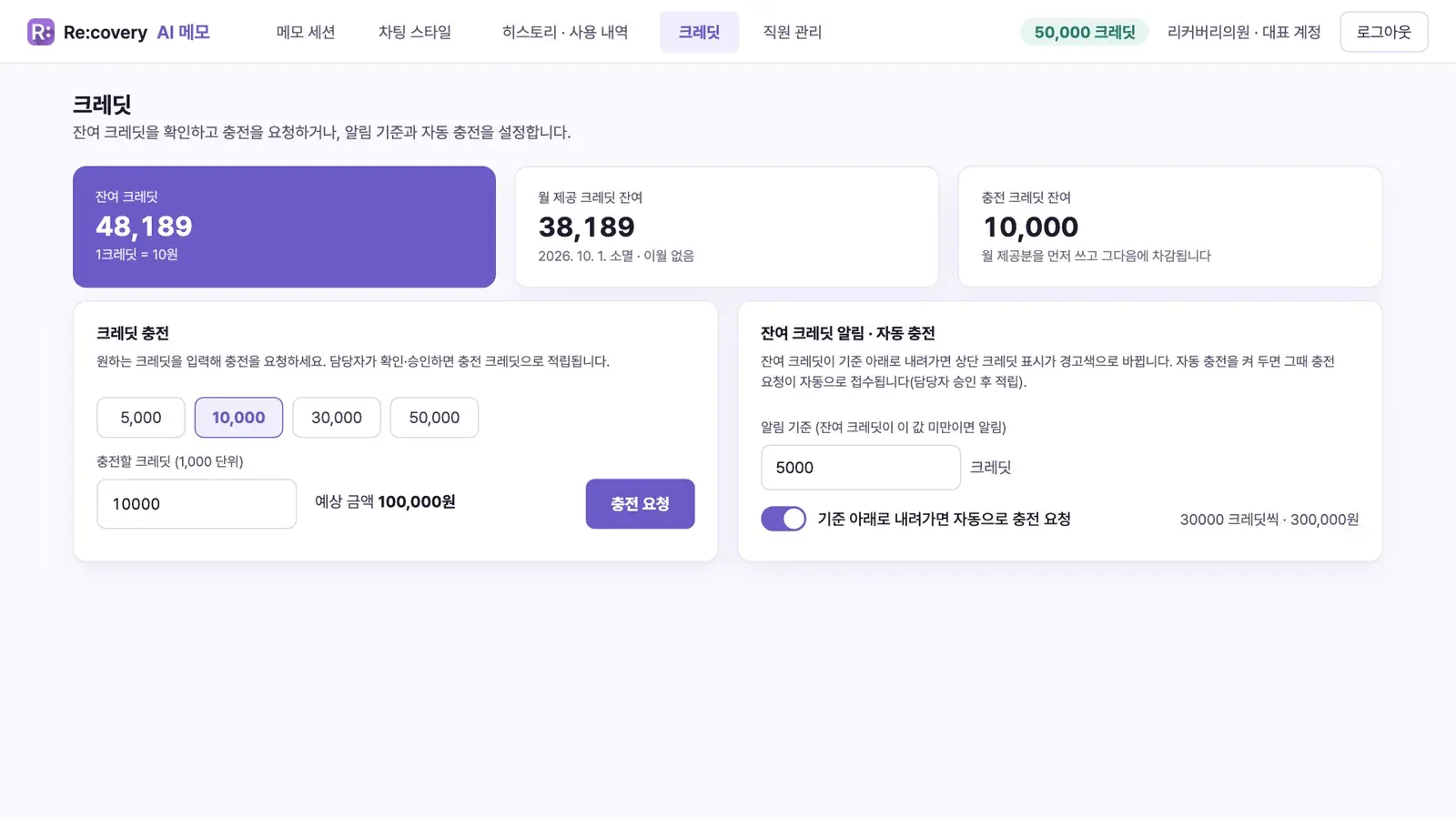 크레딧 화면 — 잔액, 충전 요청, 잔액 알림 기준과 자동 충전 요청 설정