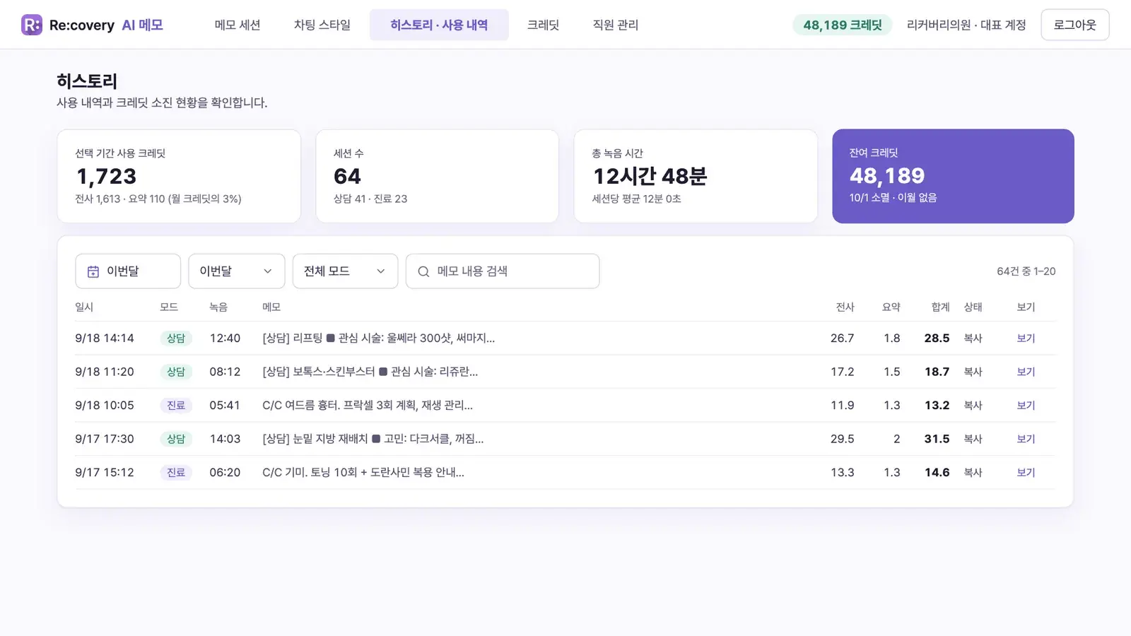 히스토리 화면 — 기간별 세션 수·녹음 시간·사용 크레딧과 세션 목록